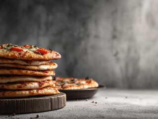Stacked pizzas on a wooden board, against a textured background