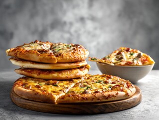 Stacked pizzas on a wooden board, with slices and a bowl.  A variety of toppings are visible, including cheese and meat