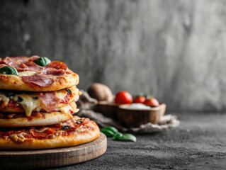 Stacked pizzas on a wooden board, garnished with basil, salami, and olives, against a dark gray background