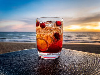 Italian soda drinks with strawberries and citrus photographed at the beach during sunset