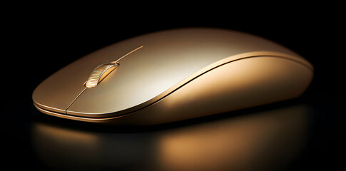 Golden Computer Mouse on Black Surface with Soft Lighting Closeup