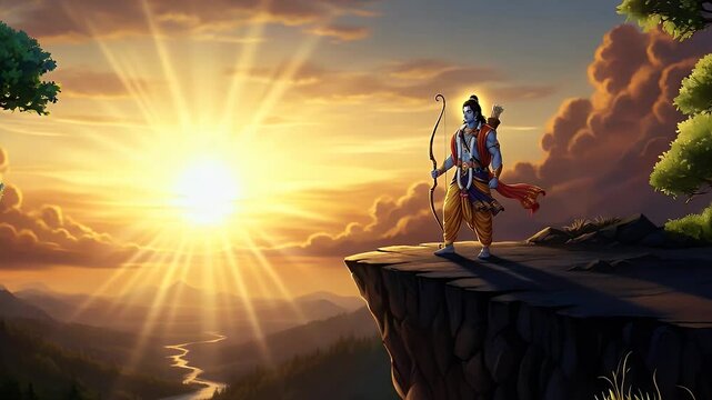Lord Rama standing on the mountain, sun in the background