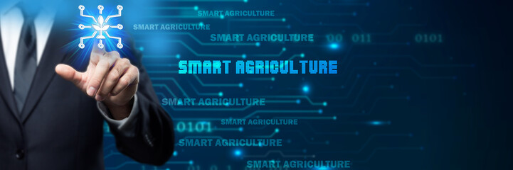 Businessman interacts with a glowing smart agriculture icon (drone over crops) in a digital, futuristic environment, symbolizing technology in farming, precision agriculture, data analysis