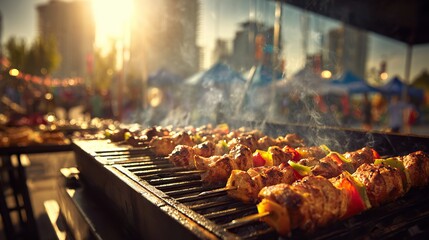 Realistic close up of juicy barbecued meat skewers grilling over an open flame at an outdoor food festival, smoky and sizzling skewers with golden browned meat and colorful vegetables, natural sunligh