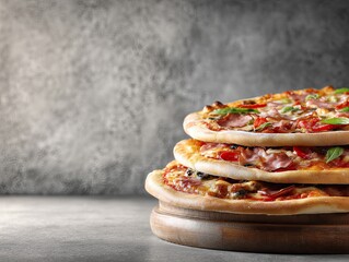 Stacked pizzas on a wooden board, against a textured background (1)