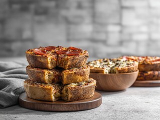 Stacked individual pizzas on a wooden board, with various toppings and bowls of pizza slices in the background