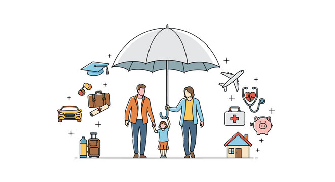 Family Protected Under Umbrella With Various Insurance Symbols Concept Illustration Transparent Background Isolated