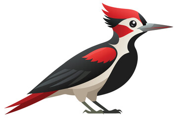 Cartoon Woodpecker with Red Head Crest Feathers and Black and White Plumage Standing Profile View