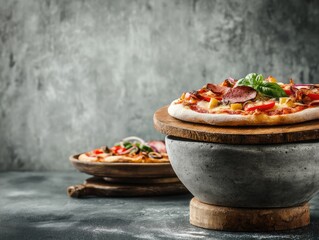 Two pizzas, one atop a wooden stand, on a dark countertop against a textured gray wall