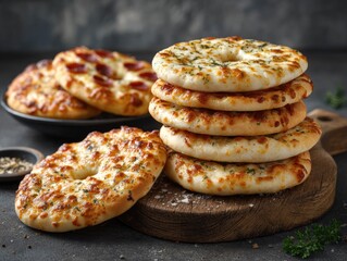 Stacked, round, cheesy pizzas on a wooden board.  Various toppings visible