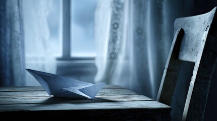 A paper boat rests on a weathered wooden table, in front of a window with a soft, diffused light, and a vintage chair