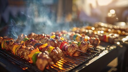 Realistic close up of juicy barbecued meat skewers grilling over an open flame at an outdoor food festival, smoky and sizzling skewers with golden browned meat and colorful vegetables, natural sunligh