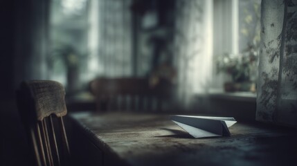 Paper airplane on rustic wooden table, interior scene