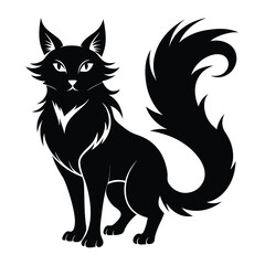 Elegant Black Cat Illustration with Fluffy Tail and Striking Silhouette Design