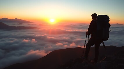 Obraz premium Silhouette of a mountain climber at sunrise, embodying adventure and the spirit of exploration.