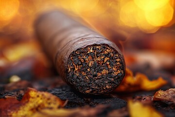 Close-up of a cigar resting on autumn leaves