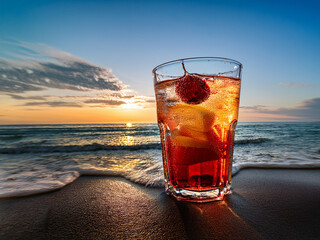 Italian soda drinks with strawberries and citrus photographed at the beach during sunset