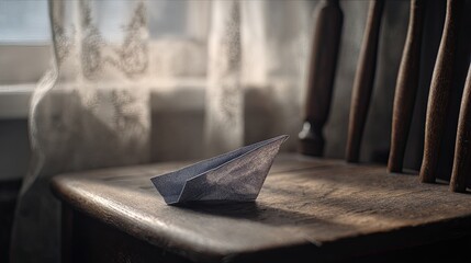 A delicate paper boat rests on a weathered wooden chair, bathed in soft sunlight filtering through a lace curtain
