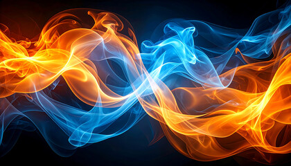 Flames swirl in vibrant blue and orange hues, creating mesmerizing contrast with soft haze effect, evoking sense of dynamic energy