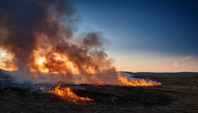 intense flames spreading across dark soil at dusk with dramatic smoke and glowing embers