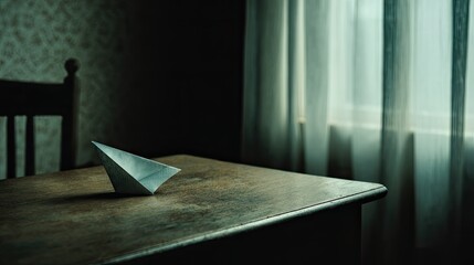 A simple paper boat sits on a wooden table in a dimly lit room, near a window with sheer curtains