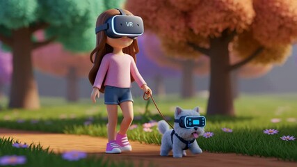 Girl in VR headset is walking with a dog in VR glasses in a park or forest or in the woods. - Powered by Adobe