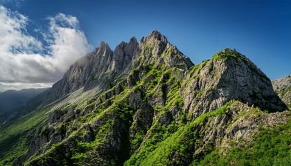 lush green vegetation covers the peaks of a rugged mountain formation characterized by dramatic cliffs and rocky surfaces
