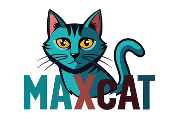 Cartoon Cat Logo Featuring an Adorable Turquoise Cat with Big Yellow Eyes and the Word MAXCAT