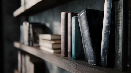Bookshelf filled with textbooks and study materials ambient lighting
