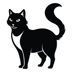Elegant Black Cat with a Fluffy Tail Standing Tall Cartoon Vector Illustration Isolated on White
