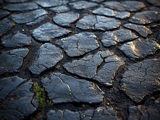Close-up of a dark, wet cobblestone pavement.  Cracks and crevices are prominent, with hints of sunlight glinting on the damp stones.  Small patches of green vegetation peek through the gaps