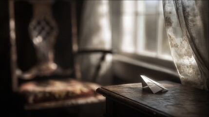 A paper airplane sits on a weathered wooden table, bathed in sunlight streaming through a window,  with a dark chair in the background