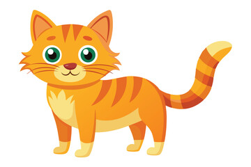 Cartoon Orange Tabby Cat with Green Eyes Standing, Striped Tail Curled Upward, Front View