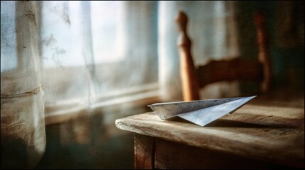 A delicate paper airplane rests on a weathered wooden table, bathed in soft sunlight filtering through a sheer window curtain.  A worn wooden chair is subtly visible in the background