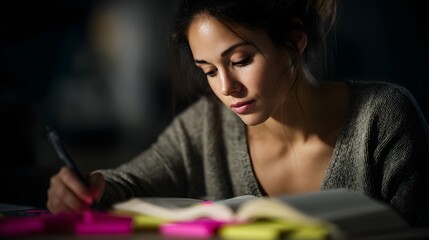 Fototapeta premium Woman intently studying from textbook with highlighters and sticky notes