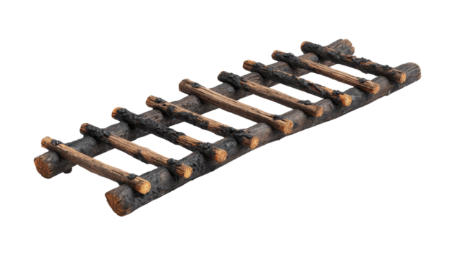 Rustic wooden ladder with scorched ends isolated on a transparent background.