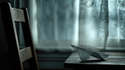 A paper airplane rests on a weathered wooden table, near a window with lace curtains