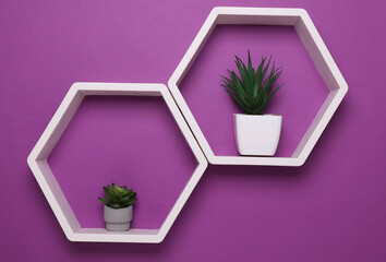 Hexagonal honeycomb wall shelves with decor on purple background