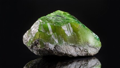 rock with peridot olivine mineral black background close up
