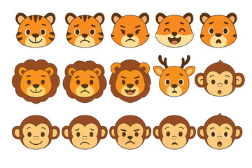Cartoon Animal Faces Displaying Various Emotions Including Happiness Sadness Anger and Surprise