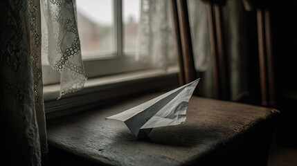 A paper airplane rests on a wooden table near a window, lace curtains billowing softly