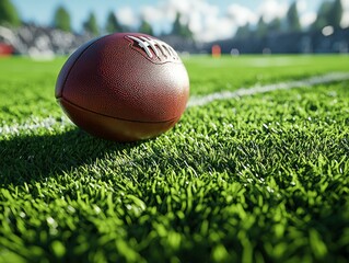 Close-up of a football on a grassy field. A brown leather football rests on the white line of a green artificial turf field. Sunny day with out-of-focus stadium background