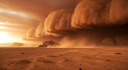 A colossal orange dust storm sweeps across a vast arid desert landscape under a dramatic sky