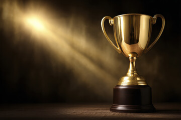 Golden trophy shines under spotlight symbolizing achievement and success, inspiring positive thoughts