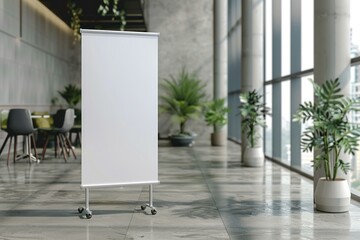 White blank roll up banner standing in modern office or co working space with big windows and plants, advertising and marketing concept