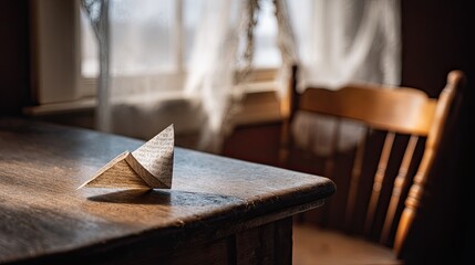 A light origami boat sits on a wooden table in a sunlit room, with a window and chair in the background