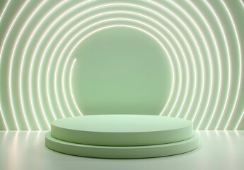 Obraz premium Photo of minimalist green pedestal illuminated by glowing rings of light in a modern design