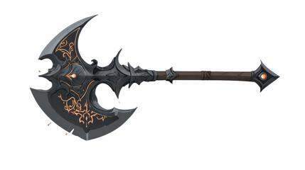 Fototapeta premium Isolated fantasy battle axe with ornate patterns and wooden handle on transparent background. 