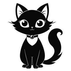 A Cartoon Black Cat with a Collar is Seated Looking Forward Elegantly