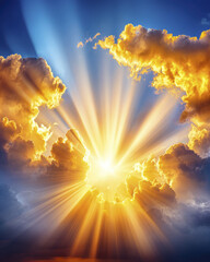 Stunning sunrise with golden rays breaking through dramatic clouds inspires positive thoughts